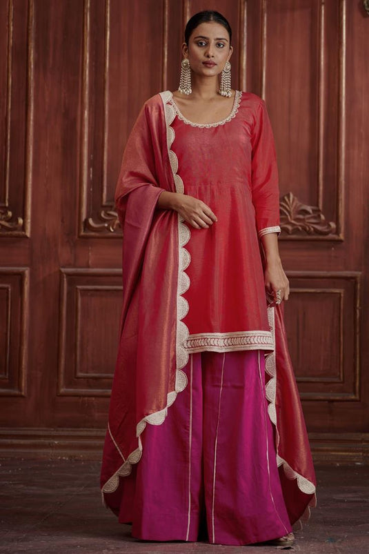 Exclusive Red Color Silk Fabric Hand Embroidered Festive Wear Readymade Sharara Set