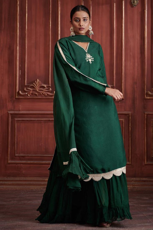 Exclusive Green Color Silk Fabric Hand Embroidered Party Wear Stylish Readymade Sharara Set