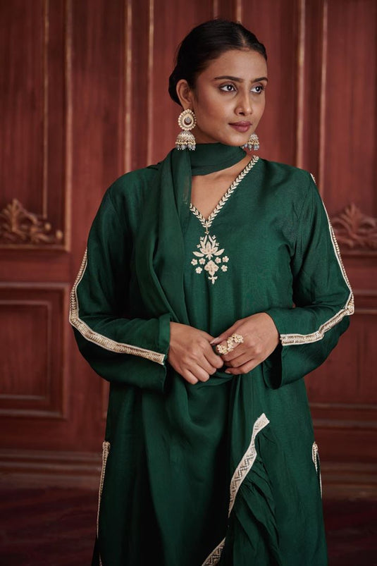 Exclusive Green Color Silk Fabric Hand Embroidered Party Wear Stylish Readymade Sharara Set