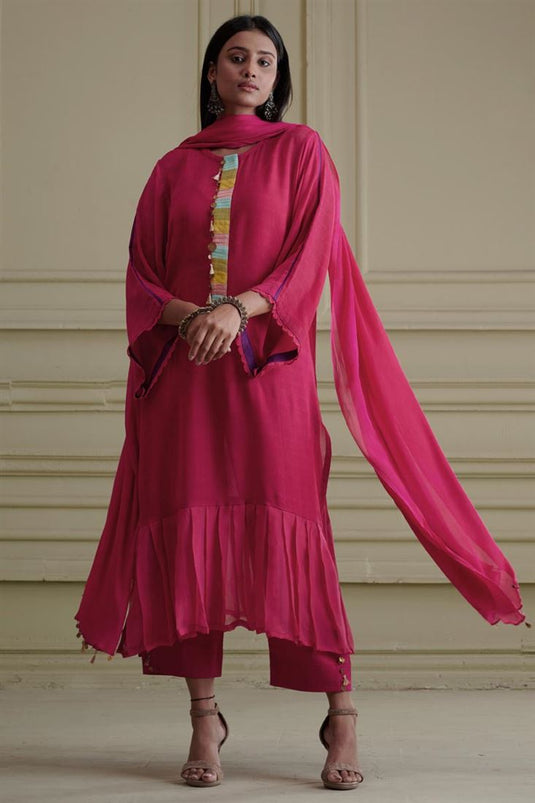 Exclusive Pink Color Georgette And Net Fabric Hand Embroidered Striking Readymade Kurta Palazzo Set