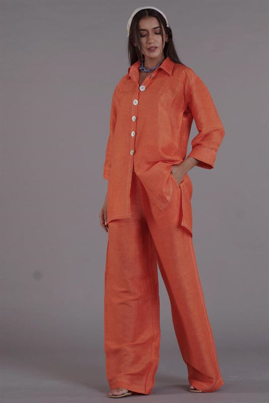 Exclusive Orange Color Linen Fabric Readymade Co Ord Set