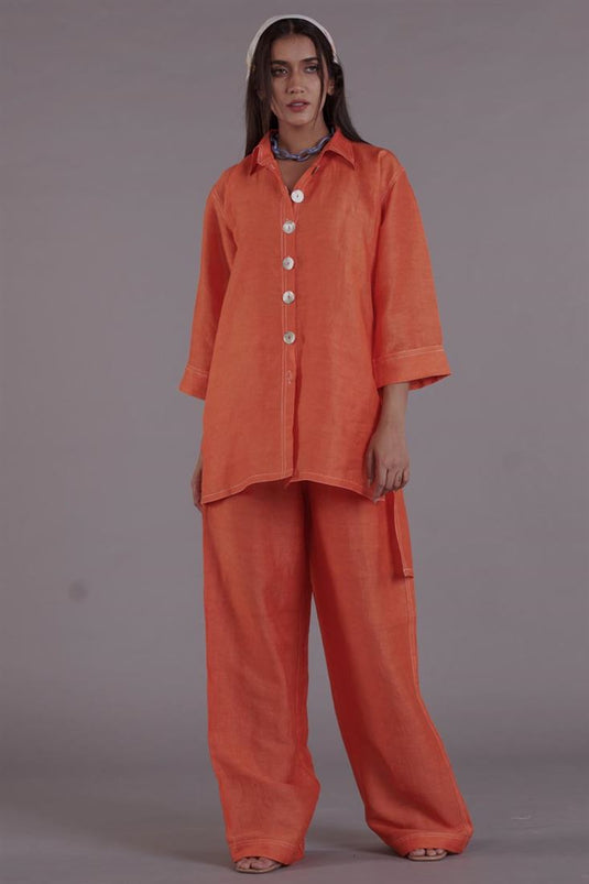 Exclusive Orange Color Linen Fabric Readymade Co Ord Set