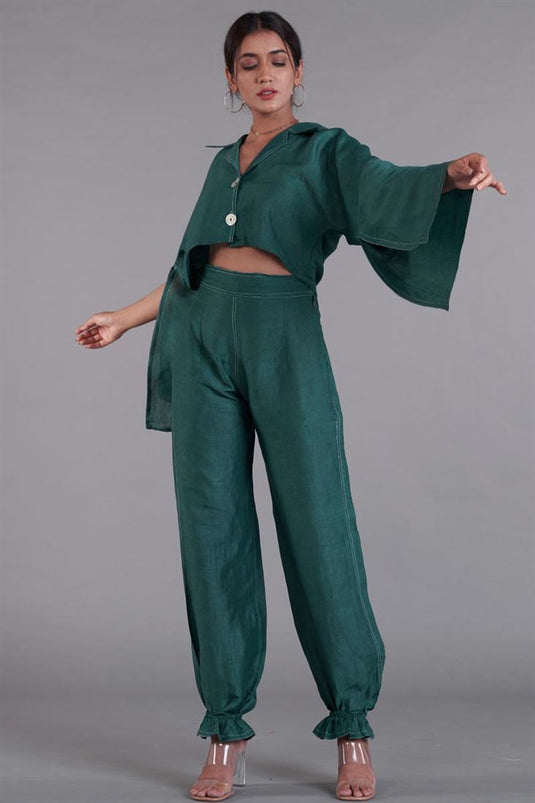 Exclusive Teal Color Linen Fabric Fancy Readymade Co Ord Set