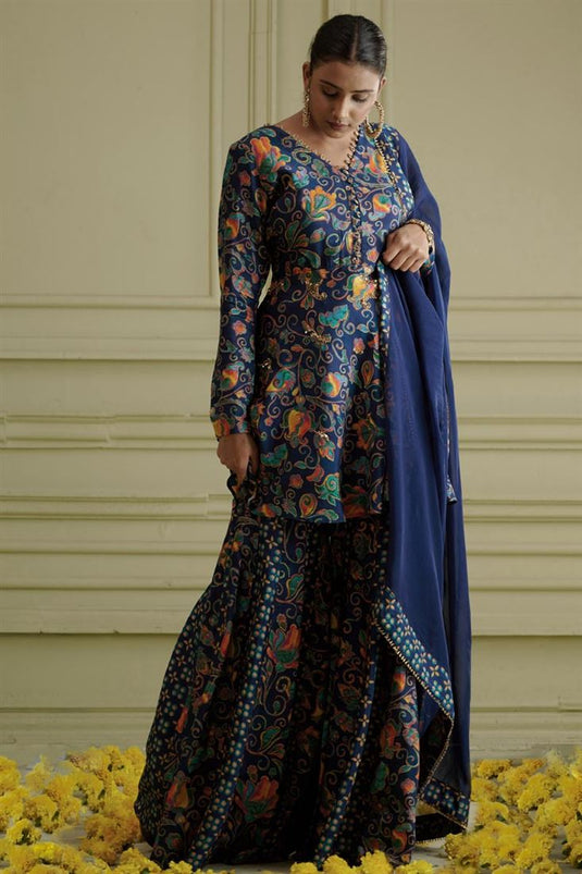 Exclusive Blue Color Silk Fabric Hand Embroidered Sangeet Wear Artistic Readymade Sharara Set