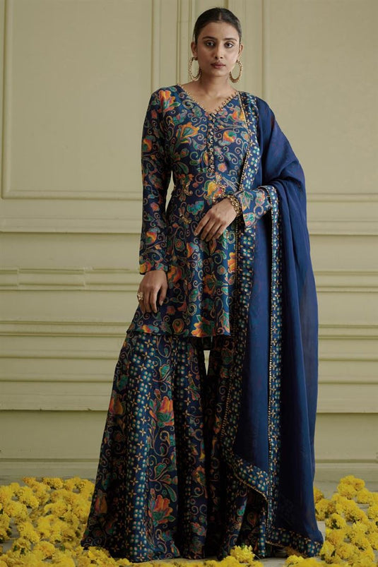 Exclusive Blue Color Silk Fabric Hand Embroidered Sangeet Wear Artistic Readymade Sharara Set