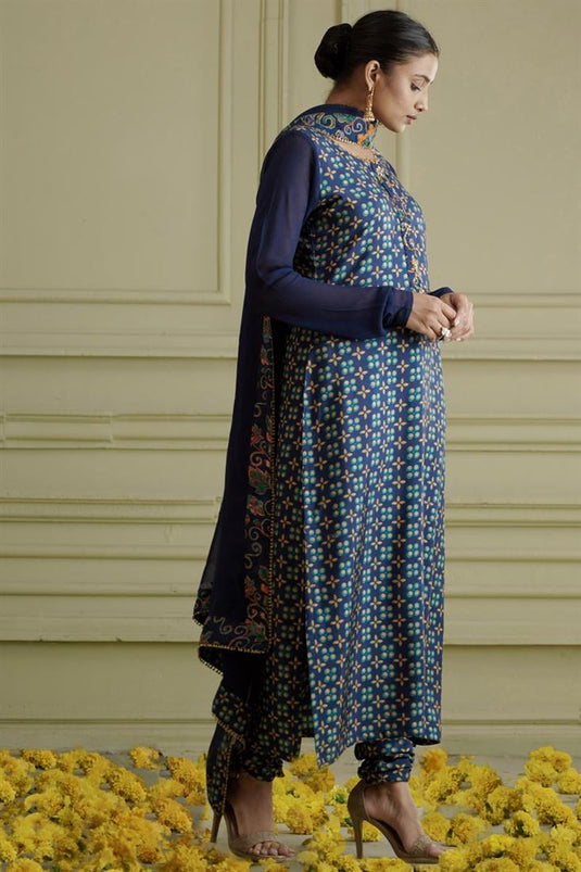 Exclusive Blue Color Silk Fabric Hand Embroidered Trendy Readymade Straight Cut Kurti