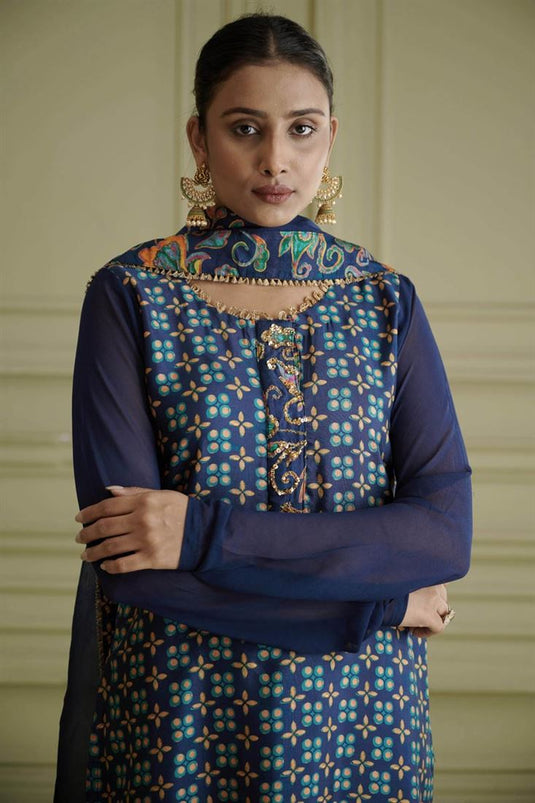 Exclusive Blue Color Silk Fabric Hand Embroidered Trendy Readymade Straight Cut Kurti