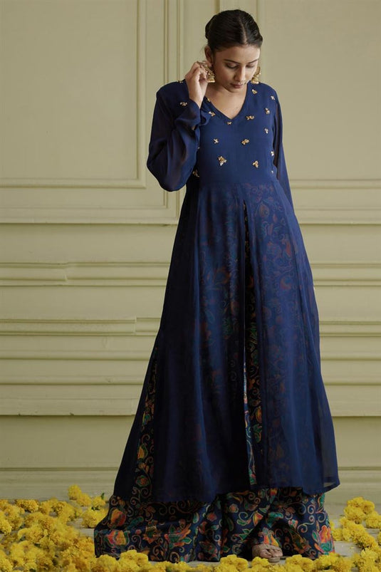 Exclusive Blue Color Georgette Fabric Hand Embroidered Stylish Readymade Kurti With Palazzo Set