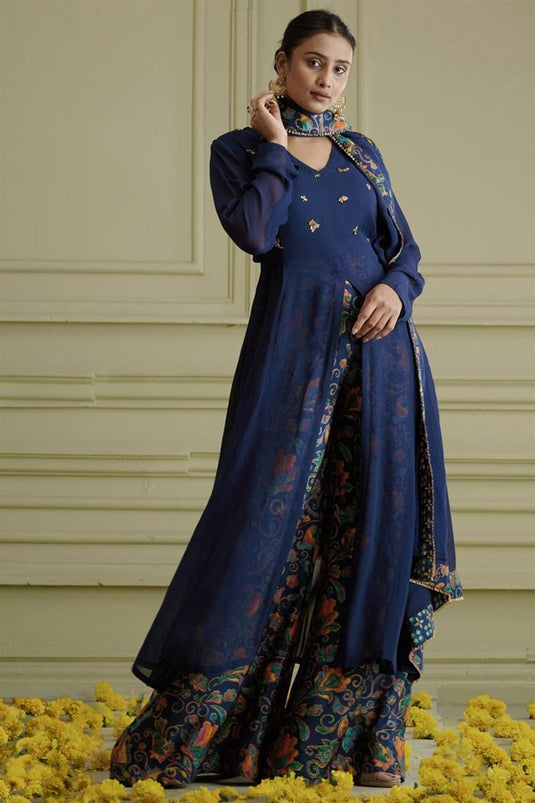 Exclusive Blue Color Georgette Fabric Hand Embroidered Stylish Readymade Kurti With Palazzo Set