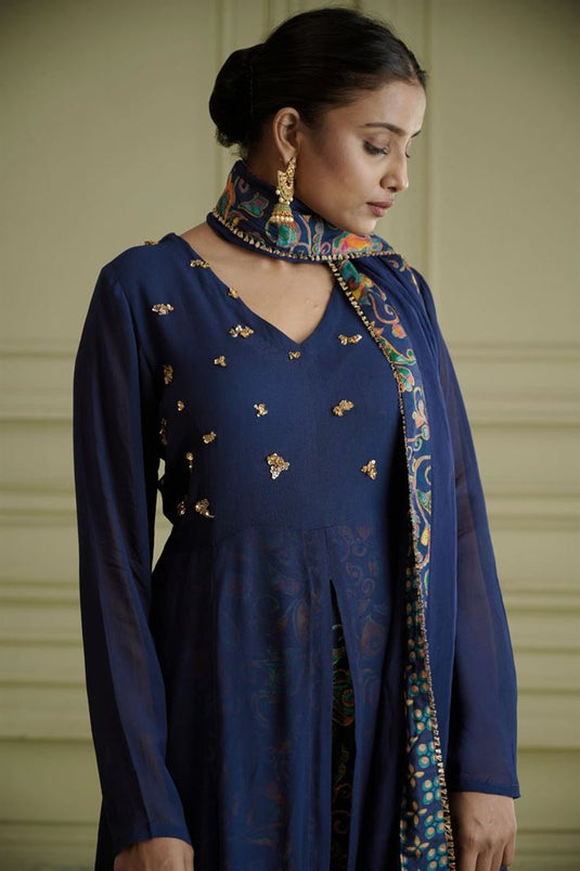 Exclusive Blue Color Georgette Fabric Hand Embroidered Stylish Readymade Kurti With Palazzo Set