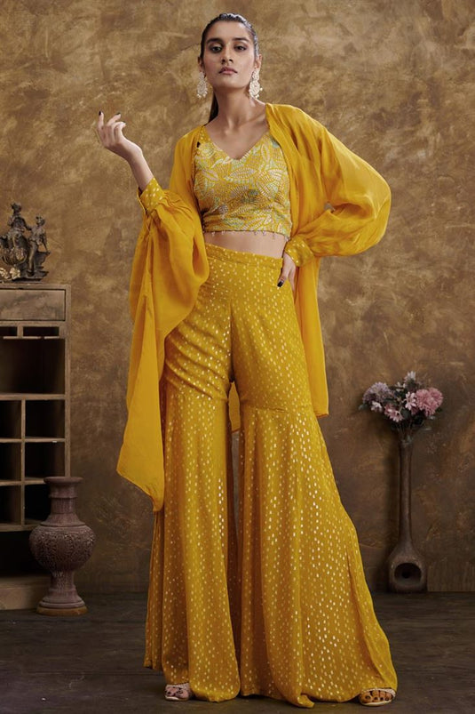 Exclusive Yellow Color Hand Embroidered Party Wear Readymade Sharara Set With Jacket