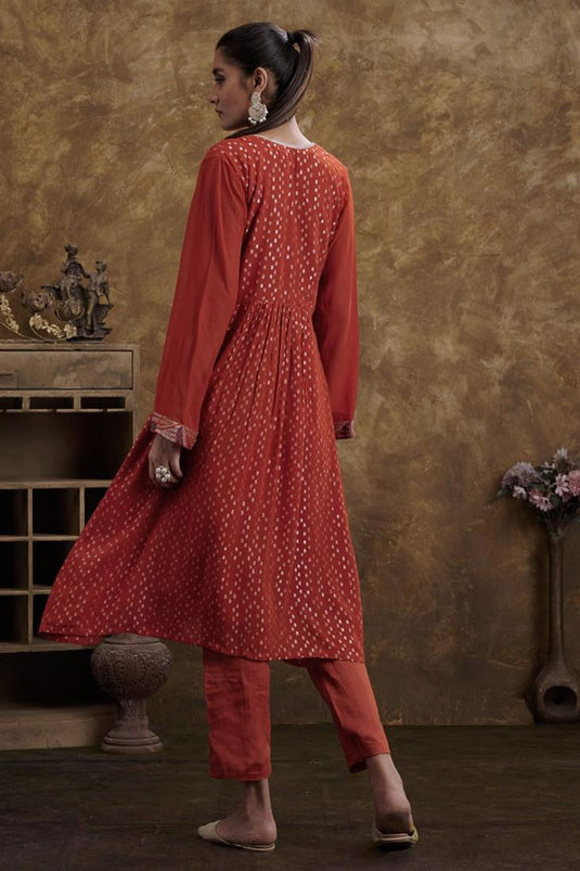 Exclusive Rust Color Georgette Jacquard Fabric Majestic Readymade Kurta Set