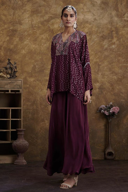 Exclusive Wine Color Georgette Jacquard Fabric Fascinate Readymade Top With Flared Pants