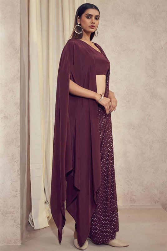 Exclusive Wine Color Georgette Jacquard Fabric Wedding Wear Readymade Saree