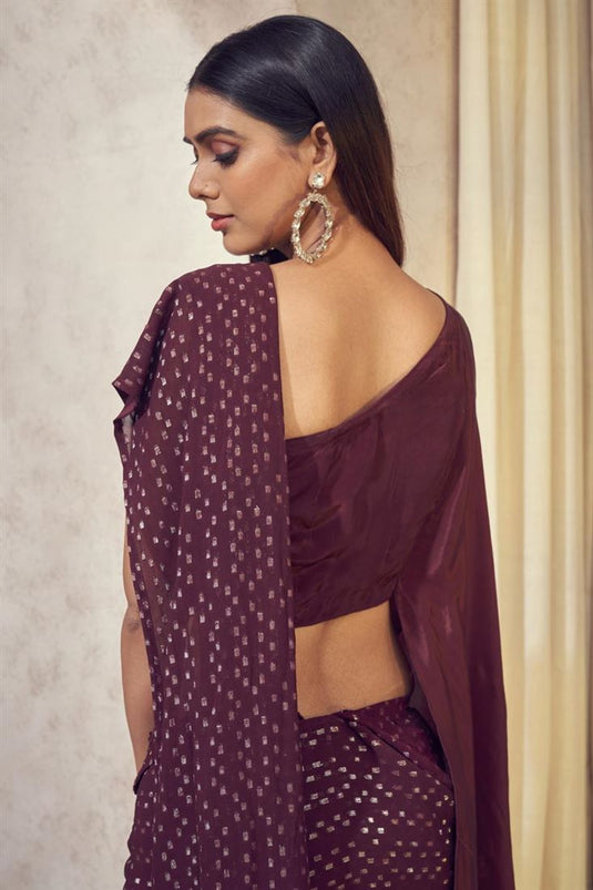 Exclusive Wine Color Georgette Jacquard Fabric Wedding Wear Readymade Saree