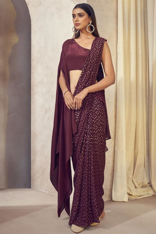 Exclusive Wine Color Georgette Jacquard Fabric Wedding Wear Readymade Saree