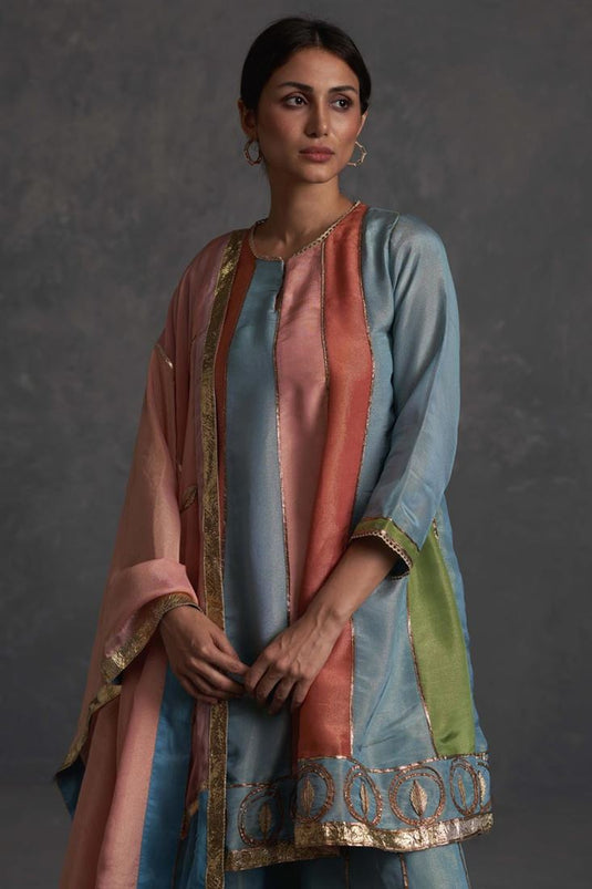 Exclusive Multi Color Silk Fabric Hand Embroidered Reception Wear Beautiful Readymade Sharara Set