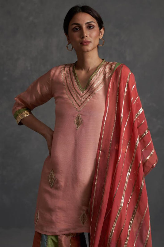 Exclusive Pink Color Silk Fabric Hand Embroidered Festive Wear Enriching Readymade Sharara Set