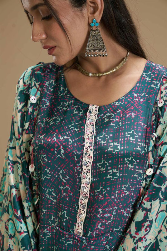 Exclusive Green Color Viscose Crepe Fabric Hand Embroidered Fetching Readymade Kurti With Palazzo