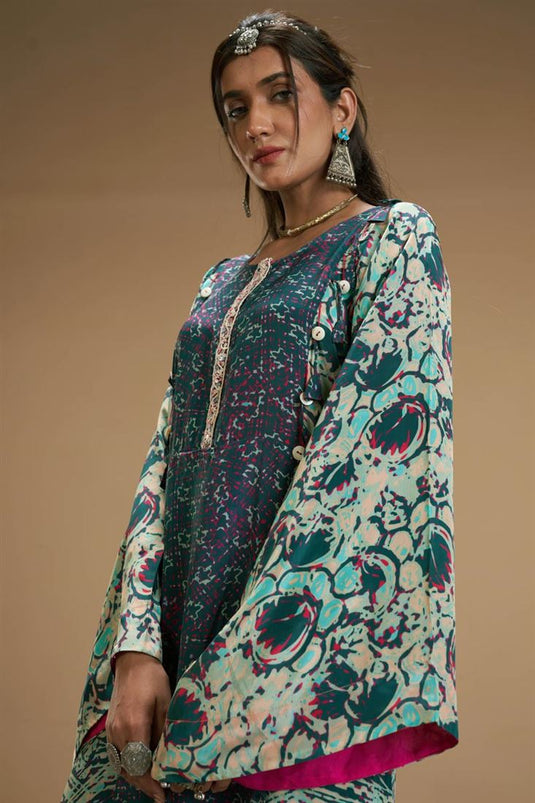 Exclusive Green Color Viscose Crepe Fabric Hand Embroidered Fetching Readymade Kurti With Palazzo