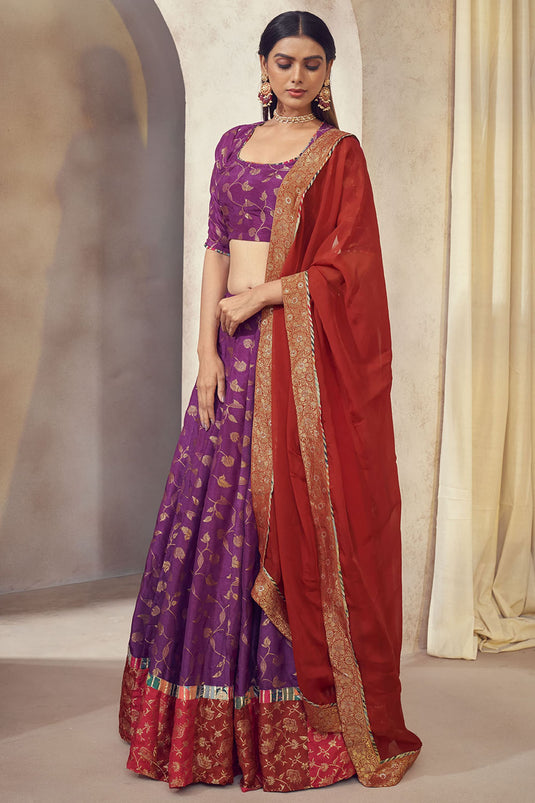 Exclusive Purple Color Dola Silk Jacquard Fabric Weaving Jacquard Readymade Designer Lehenga Choli