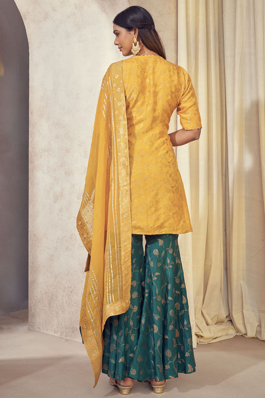 Exclusive Yellow Color Dola Silk Jacquard Fabric Weaving Jacquard Readymade Sharara Set