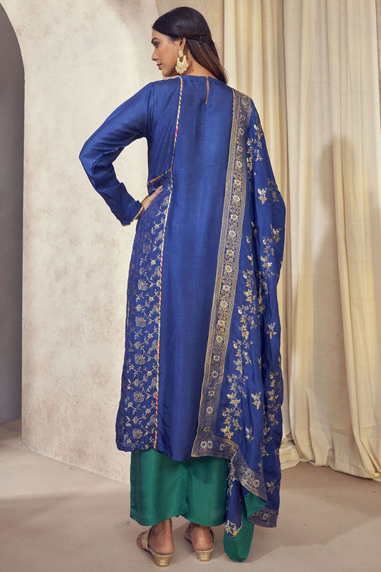 Exclusive Blue Color Dola Silk Jacquard Fabric Weaving Jacquard Readymade Banarasi Kurta Set