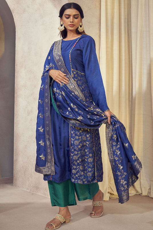 Exclusive Blue Color Dola Silk Jacquard Fabric Weaving Jacquard Readymade Banarasi Kurta Set