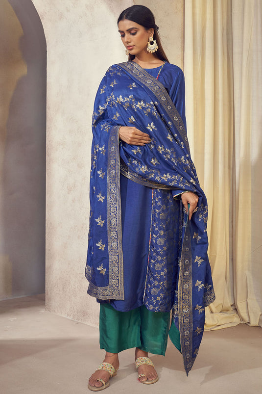 Exclusive Blue Color Dola Silk Jacquard Fabric Weaving Jacquard Readymade Banarasi Kurta Set