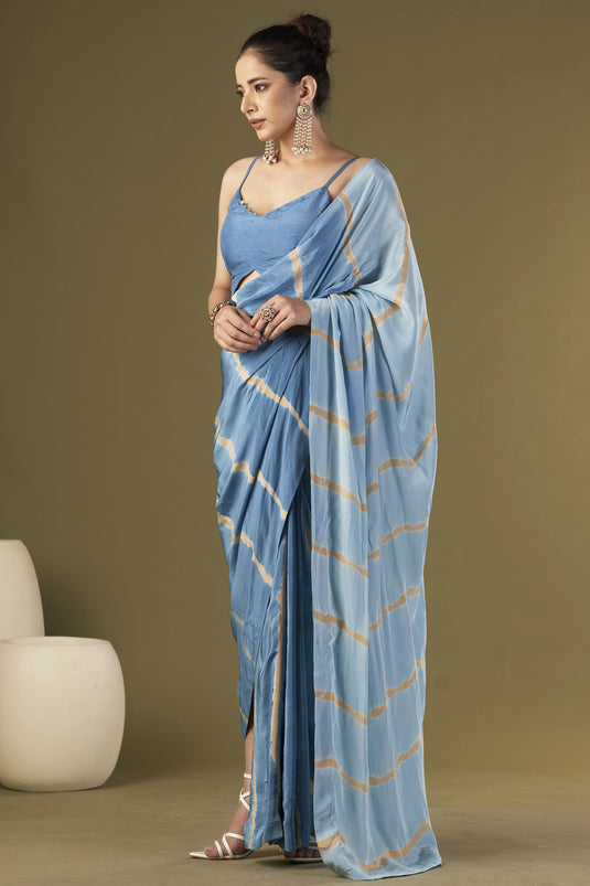 Exclusive Blue Color Viscose Crepe Fabric Embroidered Work Party Wear Designer Readymade Pre Draped Saree