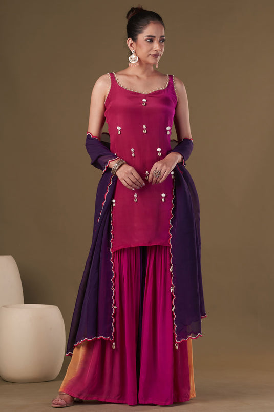 Exclusive Pink Color Viscose Crepe Fabric Embroidered Work Party Wear Designer Readymade Sharara Kurta Set