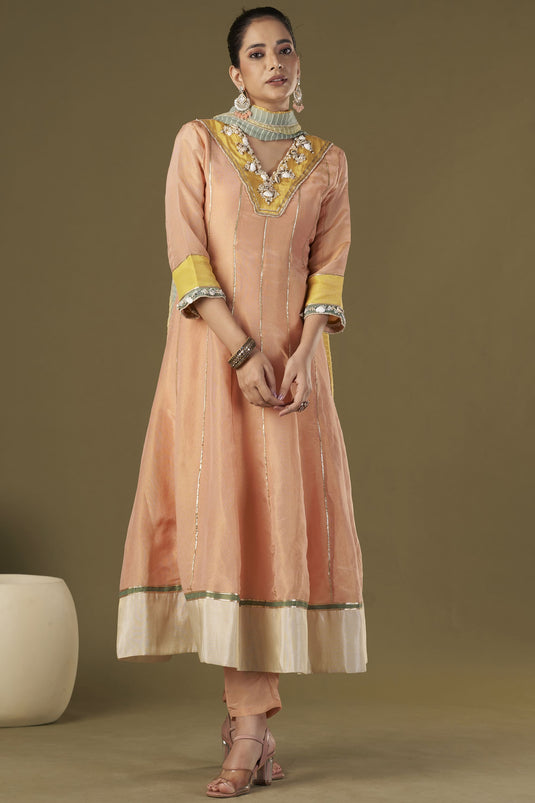 Exclusive Peach Color Tissue Silk Fabric Embroidered Work Party Wear Designer Readymade Anarkali Style Kurta Set