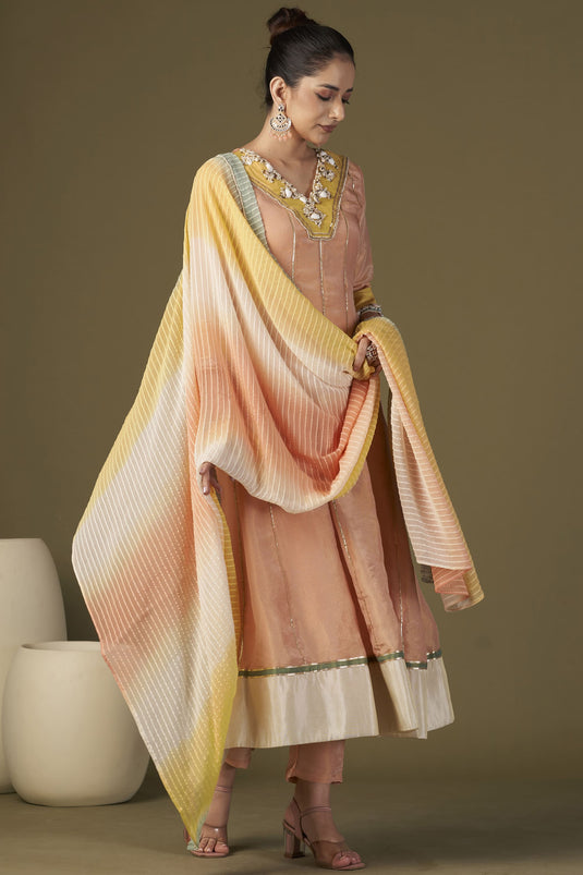 Exclusive Peach Color Tissue Silk Fabric Embroidered Work Party Wear Designer Readymade Anarkali Style Kurta Set