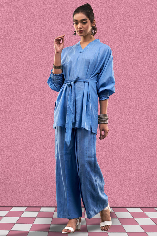 Exclusive Blue Color Cotton Jacquard Fabric Party Wear Designer Readymade Co Ord Set