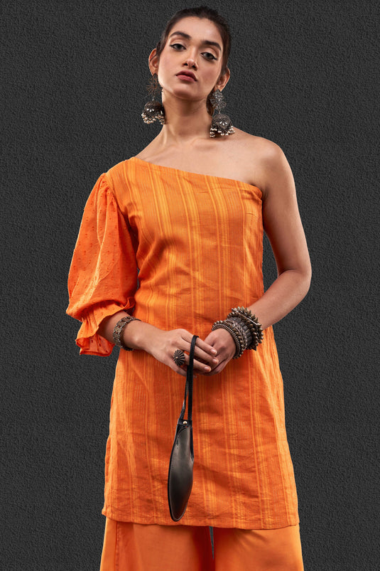 Exclusive Orange Color Cotton Jacquard Fabric Party Wear Designer Readymade Fusion Kurta Set