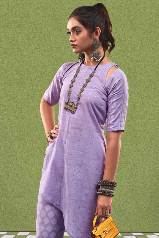 Exclusive Lavender Color Cotton Jacquard Fabric Party Wear Designer Readymade Fusion Kurta Set