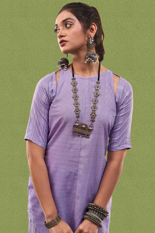 Exclusive Lavender Color Cotton Jacquard Fabric Party Wear Designer Readymade Fusion Kurta Set