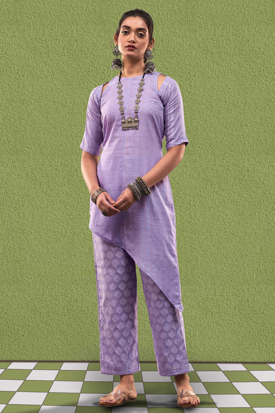 Exclusive Lavender Color Cotton Jacquard Fabric Party Wear Designer Readymade Fusion Kurta Set