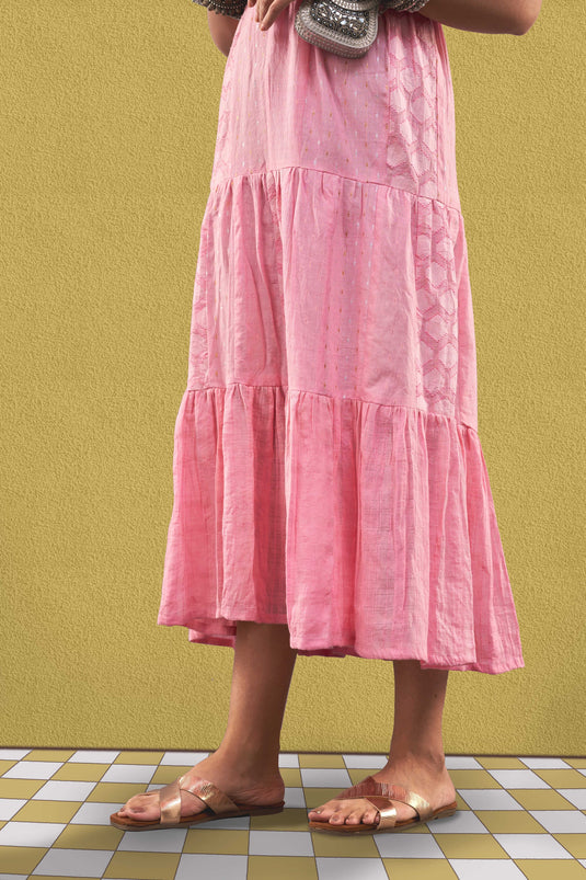 Exclusive Pink Color Cotton Jacquard Fabric Party Wear Designer Readymade Maxi Dress