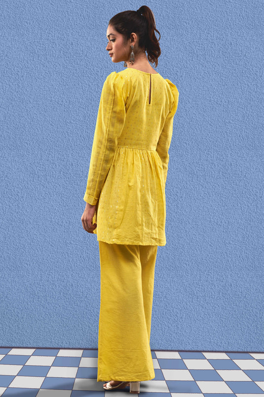 Exclusive Yellow Color Cotton Jacquard Fabric Party Wear Designer Readymade Fusion Kurta Set