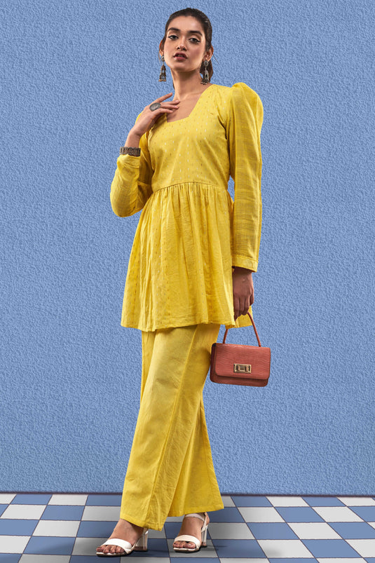 Exclusive Yellow Color Cotton Jacquard Fabric Party Wear Designer Readymade Fusion Kurta Set