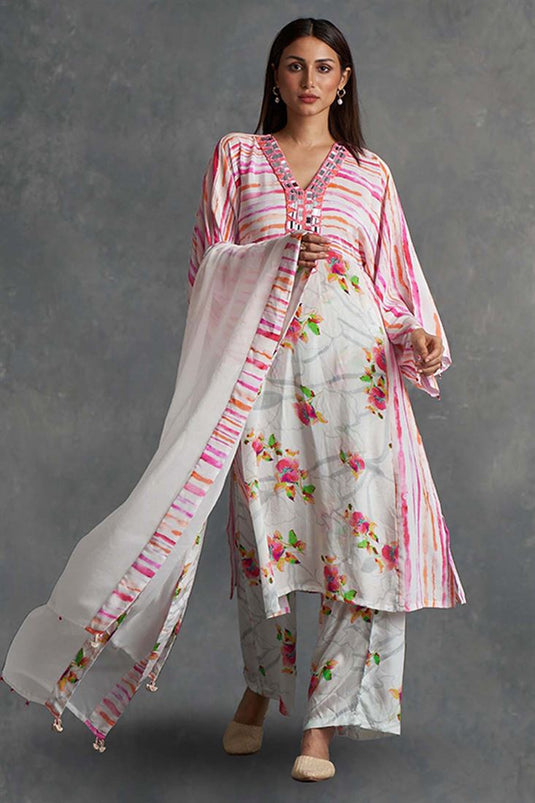 Exclusive White Crepe Fabric Printed Festive Wear Stylish Palazzo Kurta Set