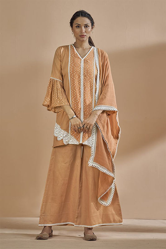 Exclusive Peach Color Cotton Satin And Georgette Fabric Function Wear Fancy Readymade Kurta Set With Bottom