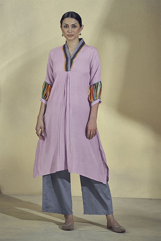 Exclusive Lavender Color Art Silk Function Wear Trendy Pleated Kurta Set