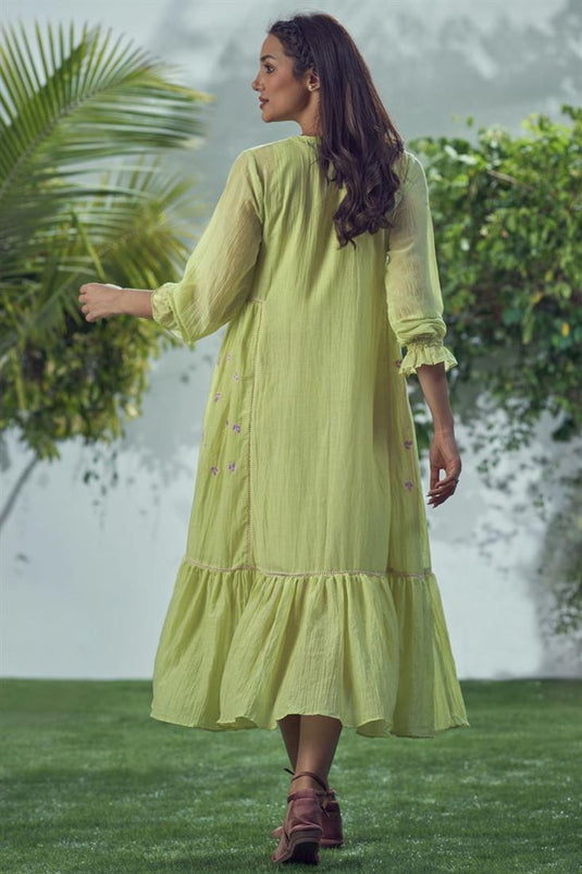 Exclusive Green Color Mal Cotton Fabric Readymade Midi Dress