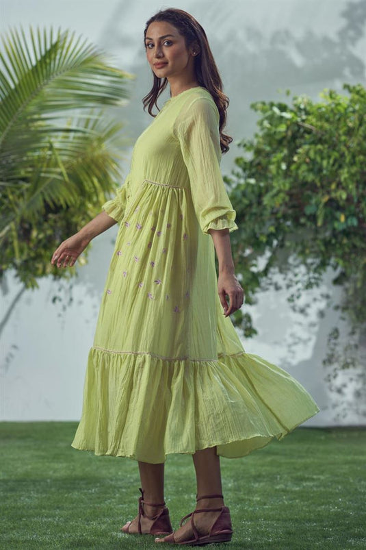 Exclusive Green Color Mal Cotton Fabric Readymade Midi Dress