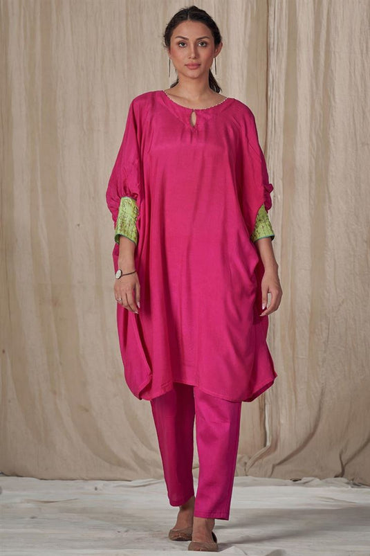 Exclusive Rani Color Muslin Silk Fabric Readymade Kurta Set