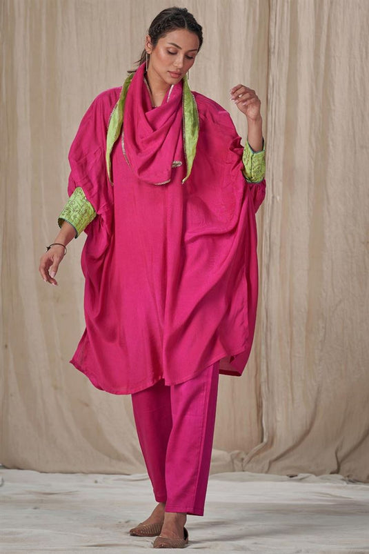 Exclusive Rani Color Muslin Silk Fabric Readymade Kurta Set