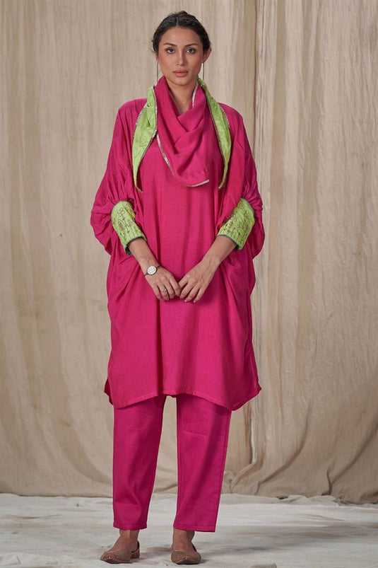 Exclusive Rani Color Muslin Silk Fabric Readymade Kurta Set