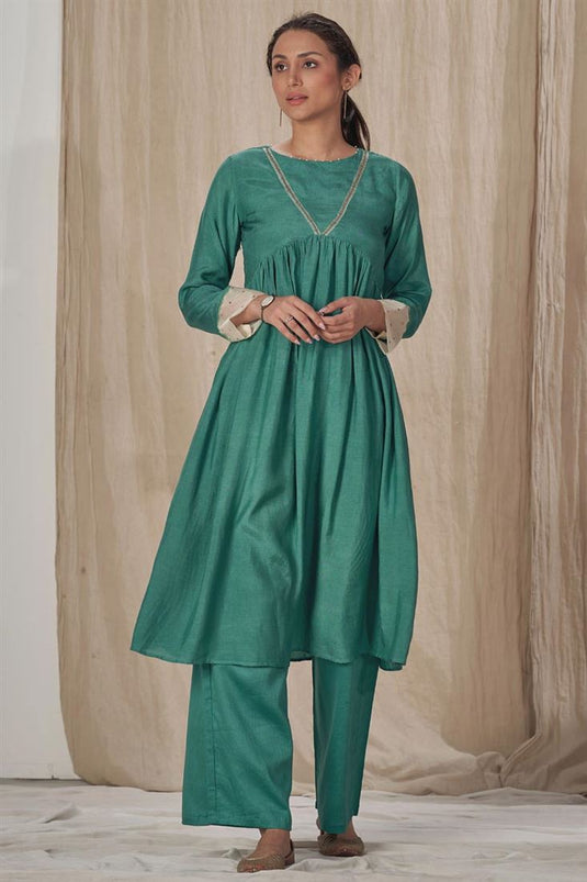 Exclusive Teal Color Muslin Silk Fabric Readymade Palazzo Kurta Set